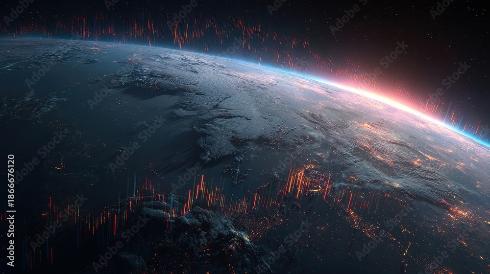 Fototapeta premium Futuristic satellite view of Earth with animated market signals, cinematic sci-fi, deep space colors, ultra-realistic 3D, finance tech.