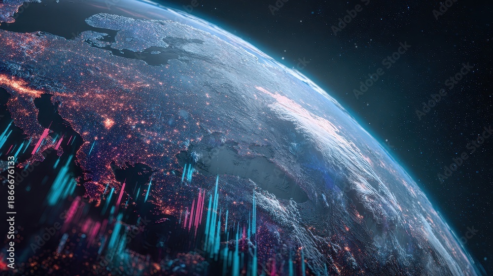 Fototapeta premium Futuristic satellite view of Earth with animated market signals, cinematic sci-fi, deep space colors, ultra-realistic 3D, finance tech.