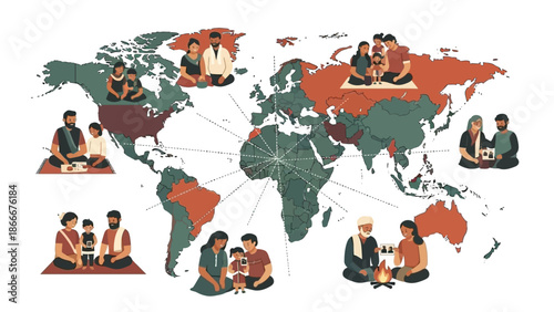 People Meditating Around World Map Illustration.