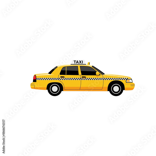 Classic Yellow Taxi Cab Vector Illustration Isolated on White Background. Side View of Urban Public Transport Car with Checkerboard Stripe and Roof Sign.