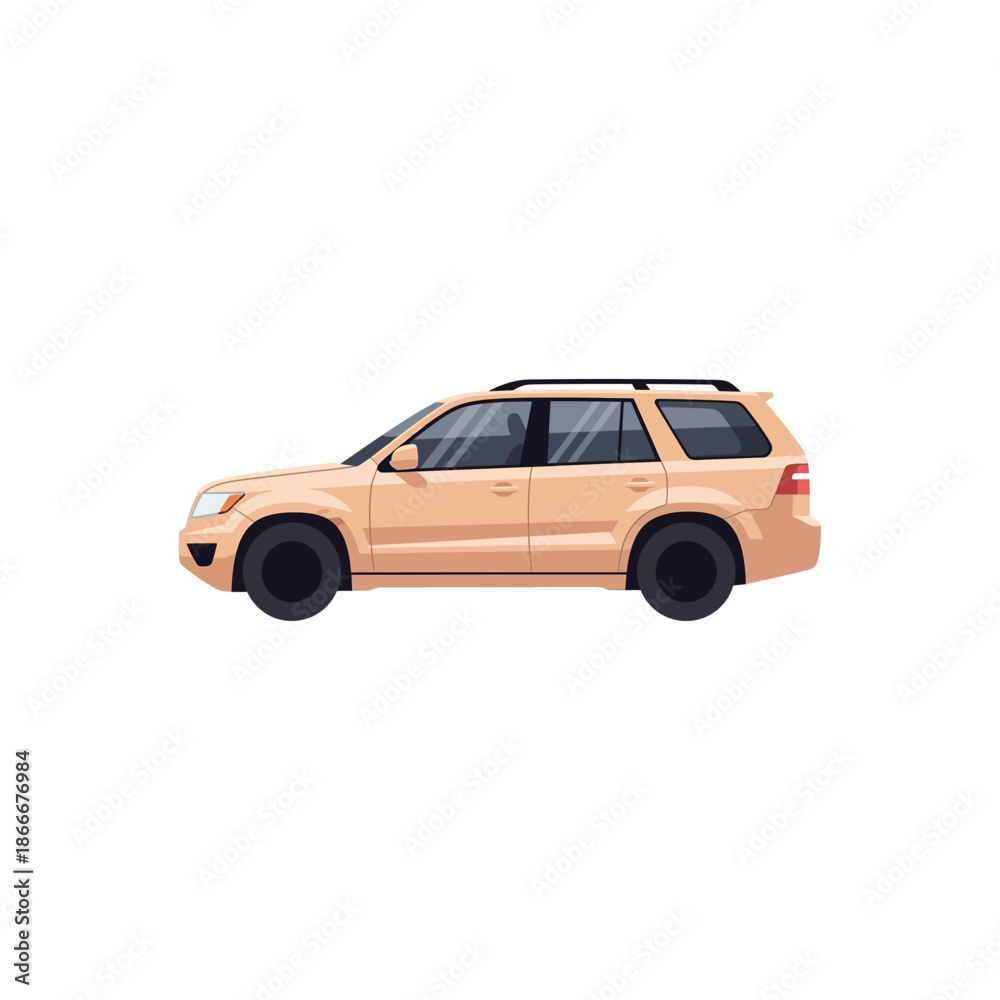 Obraz premium Light Orange Beige SUV Car Vector Illustration with Roof Rails, Side View on White Background. Modern Sport Utility Vehicle Graphic Isolated for Transport and Travel Concepts.