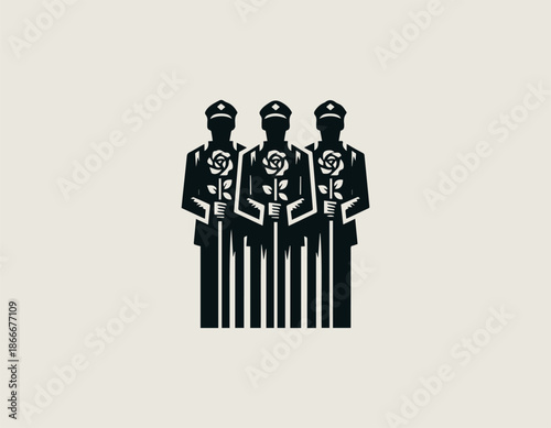 Black silhouette vector logo design depicting soldiers clutching stylized roses. Peace and conflict symbolism concept