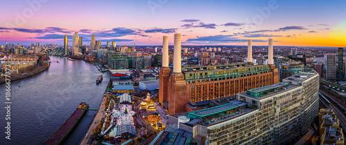 Canvastavla Christmas at Battersea Power Station panorama on River Thames, London UK