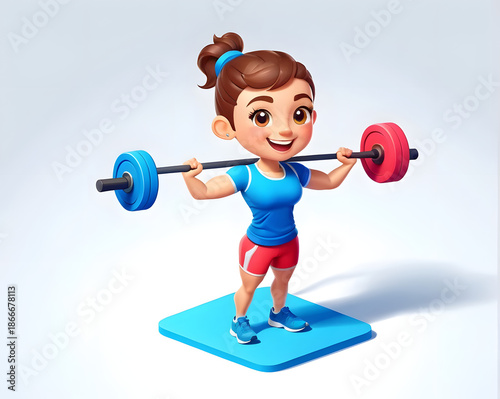 Happy cute isometric cartoon fitness trainer character arms legs weightlifting smiling woman on mat