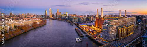 Christmas at Battersea Power Station panorama on River Thames, London UK