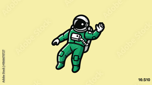 Cartoon Astronaut Floating in Space with Green Suit and Waving Hand.