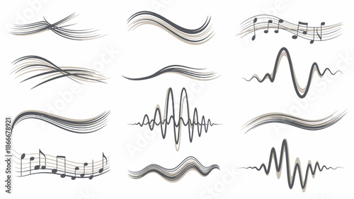 Collection of Abstract Sound Waves and Musical Notes Graphics.