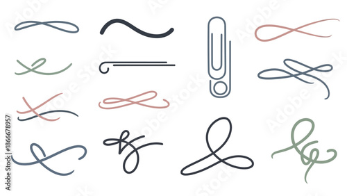 Collection of Elegant Hand-Drawn Swirls and Decorative Flourishes with a Paperclip.