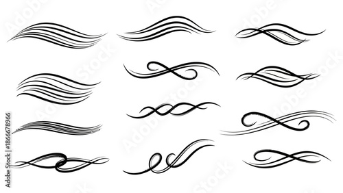 Collection of elegant black decorative swirls and lines for design elements.