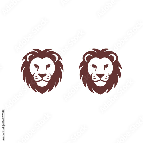 Two majestic lion heads in brown silhouette on white background