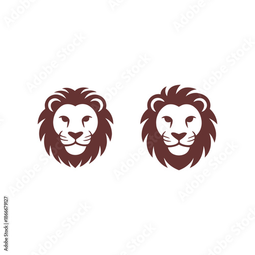 Two majestic lion heads in brown silhouette on white background