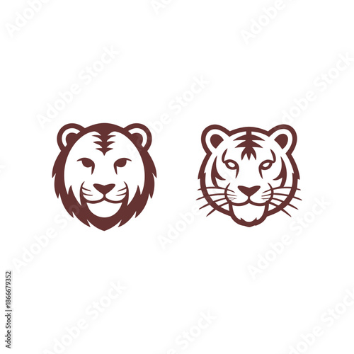 Two majestic lion heads in brown silhouette on white background