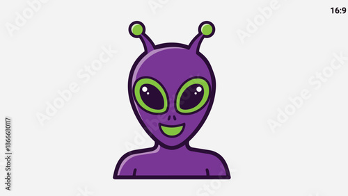 Cartoon Alien Head with Green Eyes and Antennae.