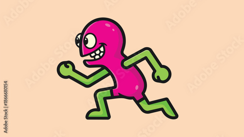 Cartoon Character Running with Exaggerated Features and Bright Colors.