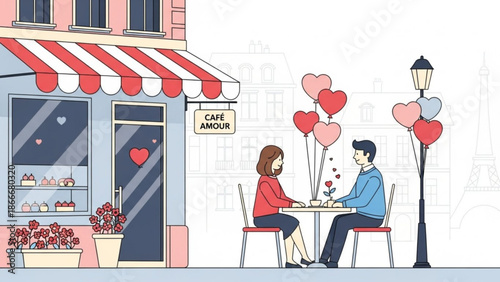 Couple on romantic date at outdoor cafe with heart balloons and flowers