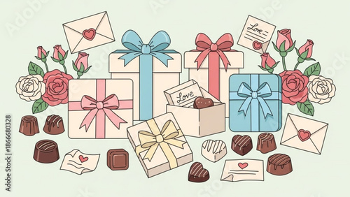 Colorful gifts wrapped in paper with ribbons and bows surrounded by roses and chocolates