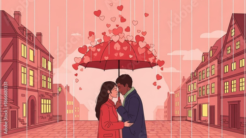 Couple shares romantic kiss under heart shaped umbrella on rainy city street
