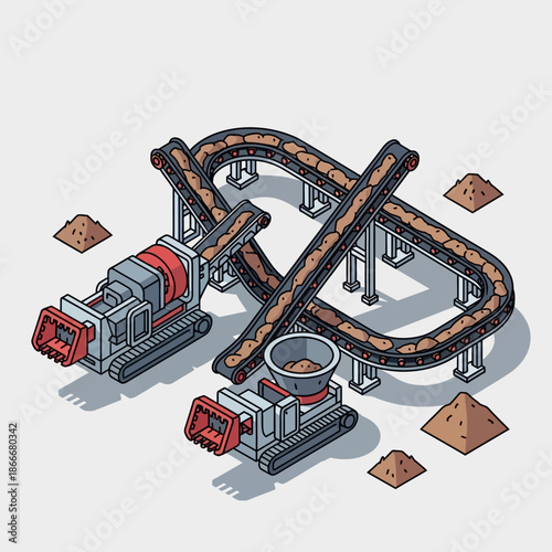 Isometric illustration of a mining conveyor belt system with crushing machines.