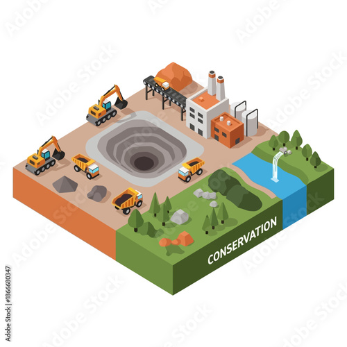 Isometric illustration of a mining operation with conservation area.