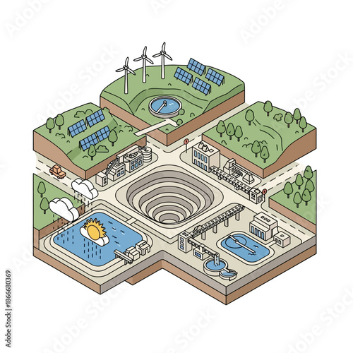 Isometric illustration of a sustainable mining operation with renewable energy sources.