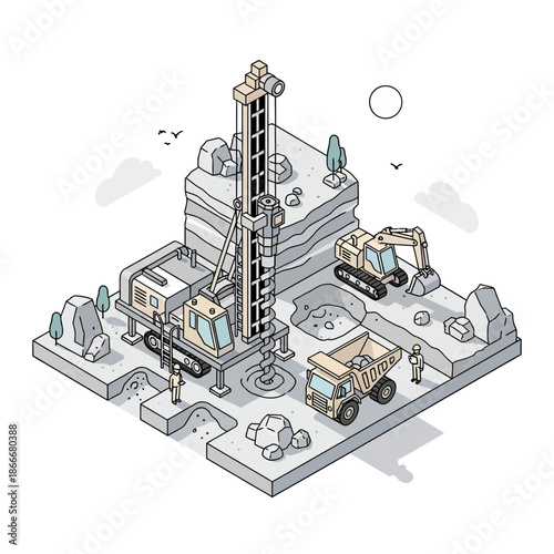 Isometric illustration of a mining site with drilling rig, excavator, and dump truck.