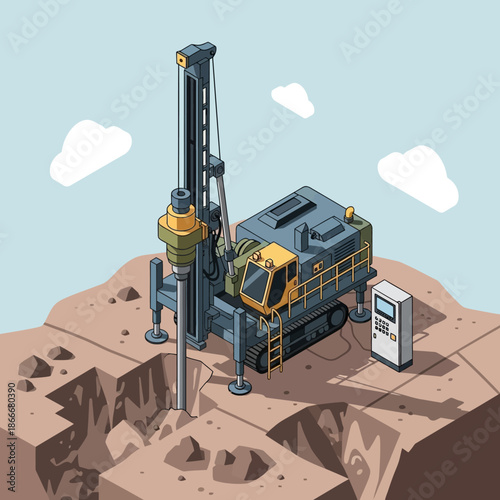 Isometric illustration of a powerful drilling rig at a construction site.