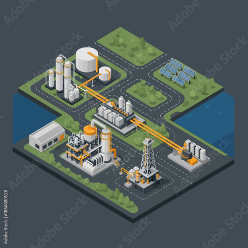 Isometric Industrial Complex with Oil Rig and Refinery.