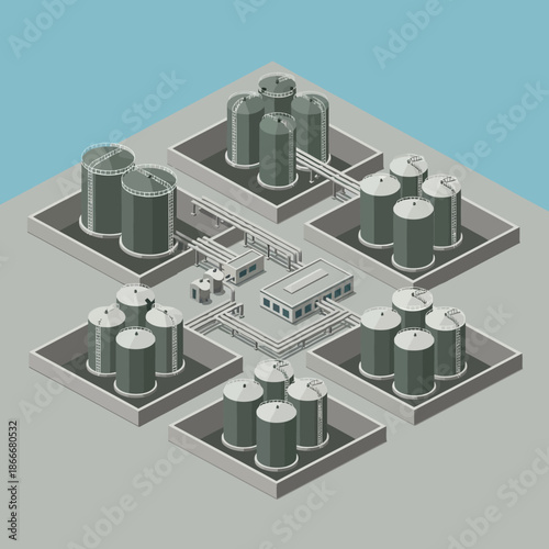 Isometric Industrial Complex with Storage Tanks and Central Processing Unit.