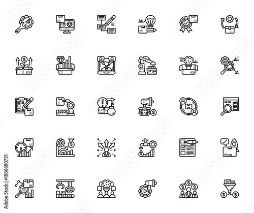 Product Management icon set. Vector illustration. Includes symbols for planning, optimization, launch, data analysis, teamwork, revenue, automation, and more.