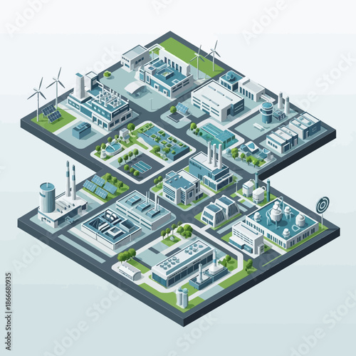 Isometric Smart City with Industrial and Residential Zones.