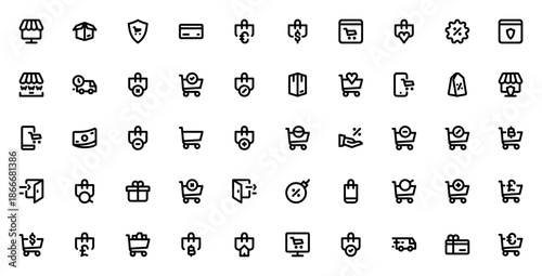Ecommerce icon set. Minimal vector icons pack. Includes online store, shopping cart, credit card, delivery, sale, box, gift and more. Editable stroke.