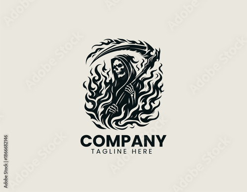 A stylized vector logo illustration depicting the Grim Reaper character surrounded by intense fire flames aggressive.