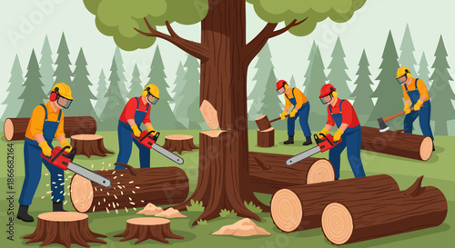 Team of lumberjacks cutting down trees in a forest using chainsaws and safety gear.