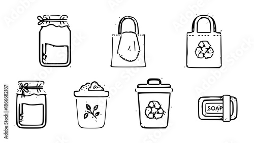 Flat vector icon set for zero waste living,
icons include reusable jar, cloth bag, compost bin, soap bar