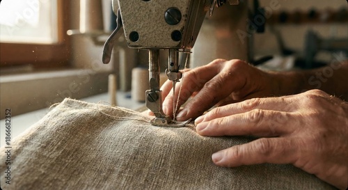 Tailor hands sewing fabric with industrial sewing machine