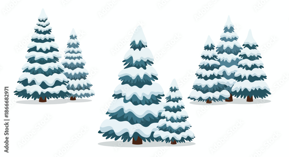 Obraz premium Illustration of several snow-covered evergreen pine trees in a winter landscape on white background.