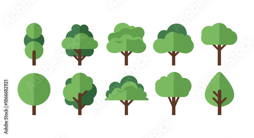 Set of ten flat style green tree icons with various shapes and foliage designs on a white background.