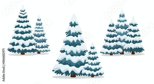 Illustration of several snow-covered evergreen pine trees in a winter landscape on white background.
