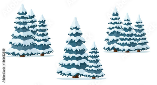 Illustration of snow-covered pine trees grouped together in winter landscape.