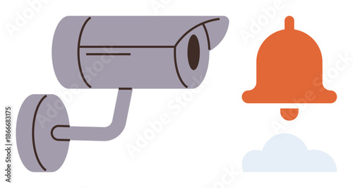 Security systems, surveillance, home monitoring, alarm notifications, technology, privacy protection. Grey surveillance camera next to a red alert bell with a cloud. Security systems and alarm