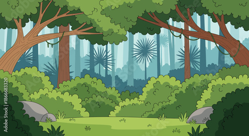 Cartoon illustration of a dense green forest with trees, bushes, and grass in a natural landscape.