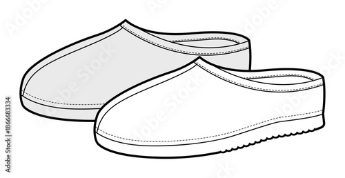 House clog sandal shoe women sketch pair. Closed toe rubber slipper for garden work home casual outfit. Technical fashion illustration CAD mockup vector man unisex isolated classic style.