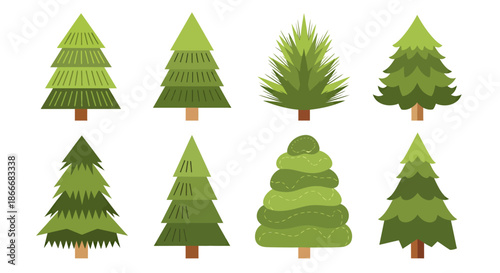 Set of eight different stylized evergreen trees isolated on white background.