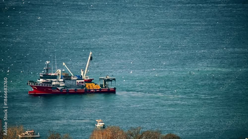 A work boat operating on the open sea, surrounded by a wide water ...