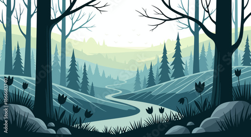 Serene landscape illustration of a winding river flowing through a dense forest with distant hills.