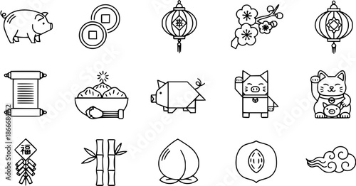 Chinese New Year Icons: Pig, Lanterns, Peach, Cloud, Scroll