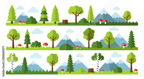 Vector illustration of various forest landscapes with trees, mountains, and mushrooms in a flat style.