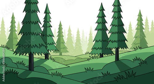Cartoon illustration of a green pine forest landscape with rolling hills and trees.