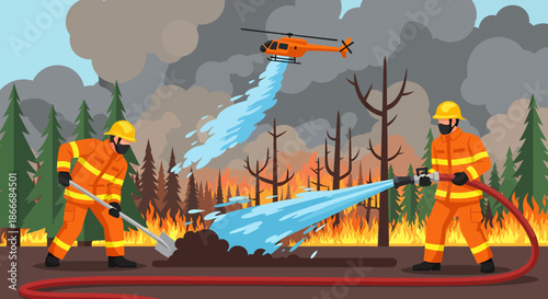 Firefighters in protective gear extinguishing a forest wildfire with water hoses and helicopter support.