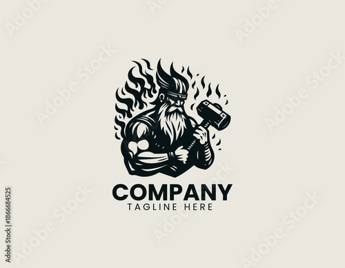 A stylized vector logo illustration depicting a Viking blacksmith figure with intense fire flames and a hammer tool robust. Mascot branding concept